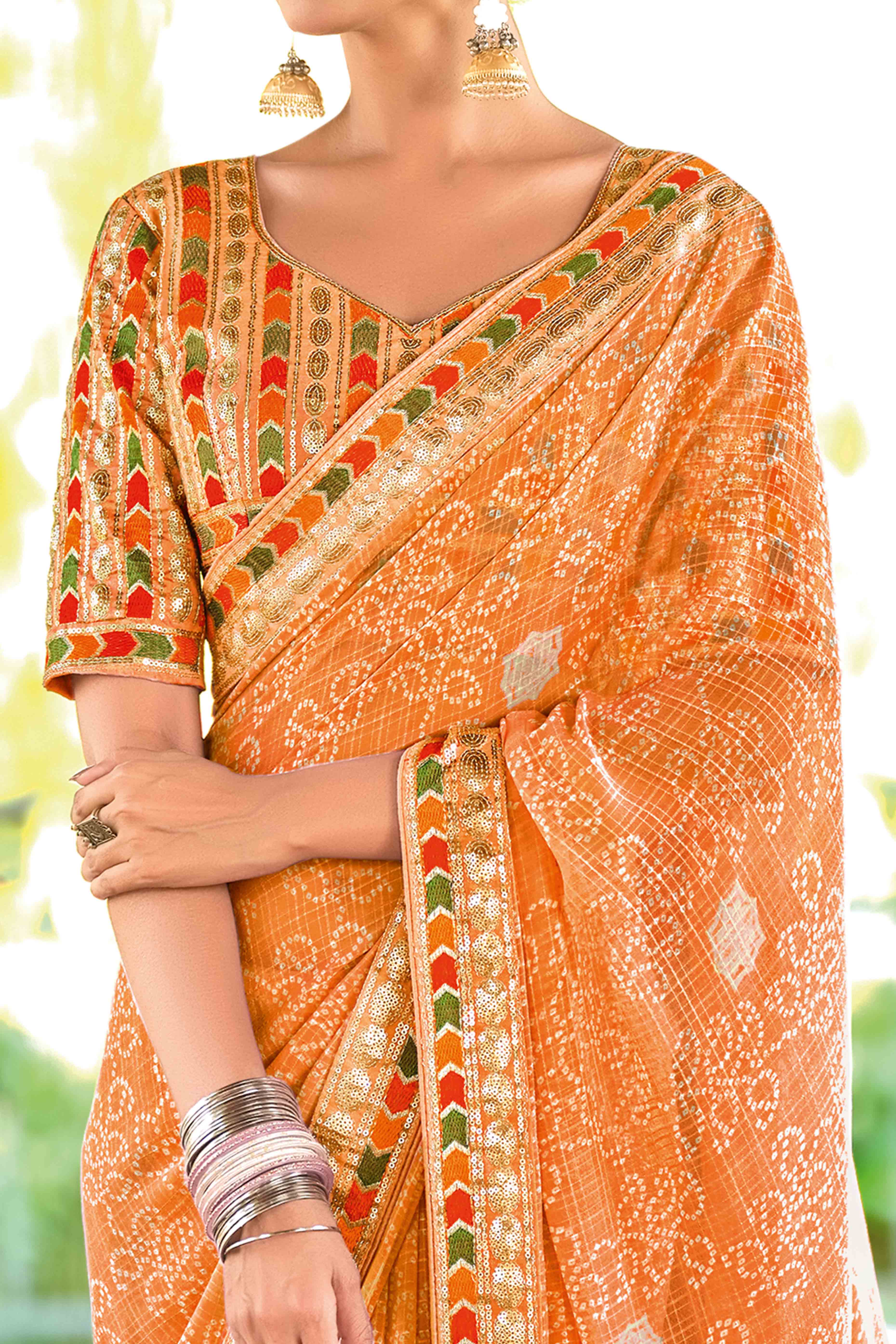 Orange Bandhani Printed Georgette Saree With Glittering Sequin Embroidered Border
