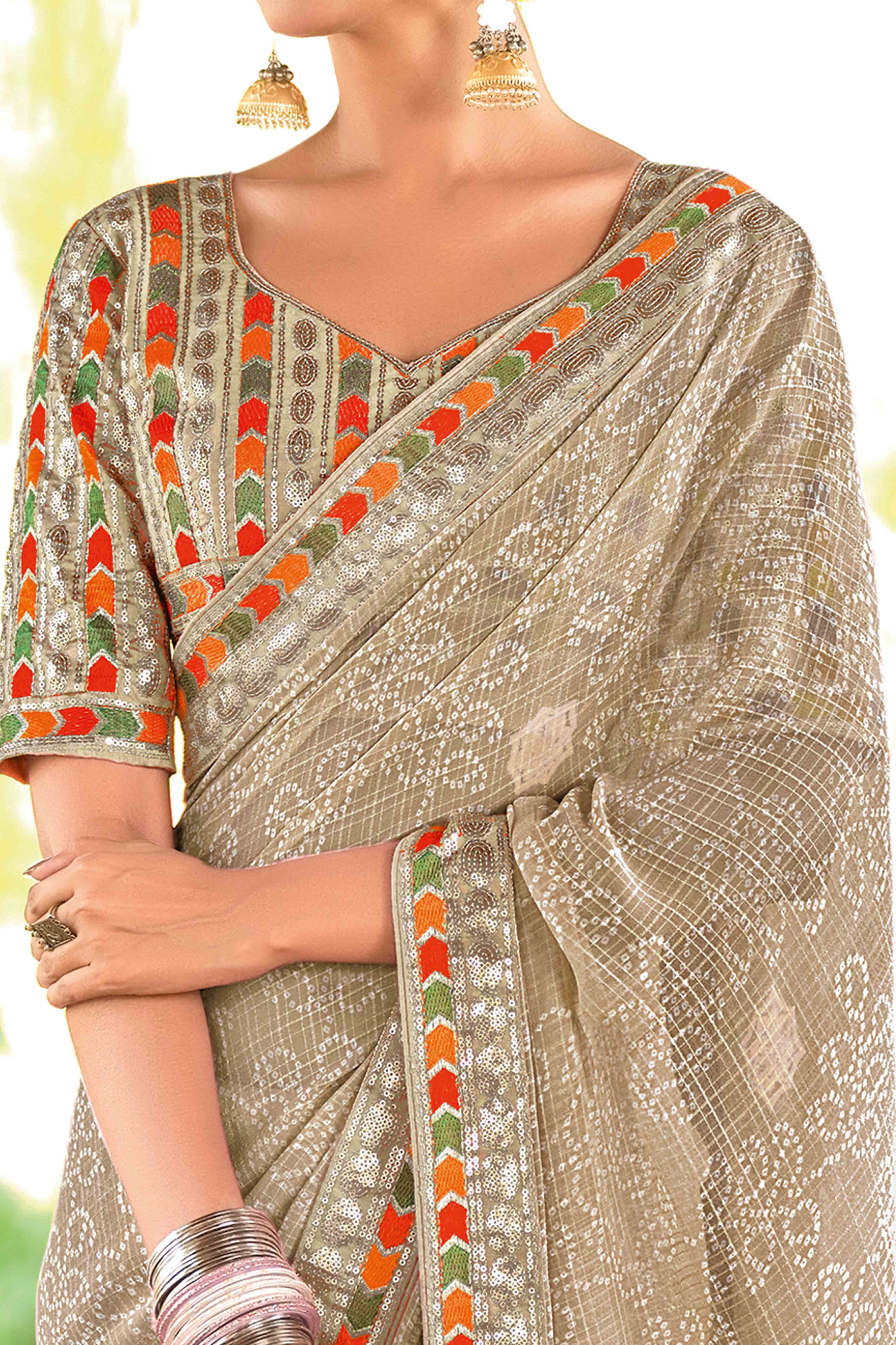 Taupe Bandhani Printed Georgette Saree With Glittering Sequin Embroidered Border