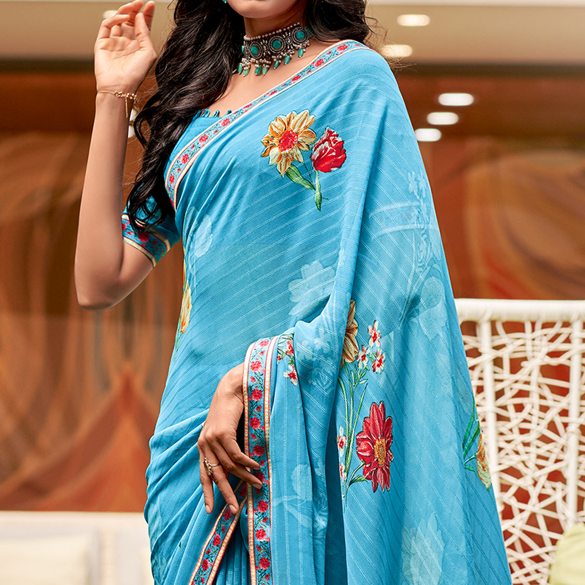 Turquoise Floral Printed Georgette Saree with Digital Border