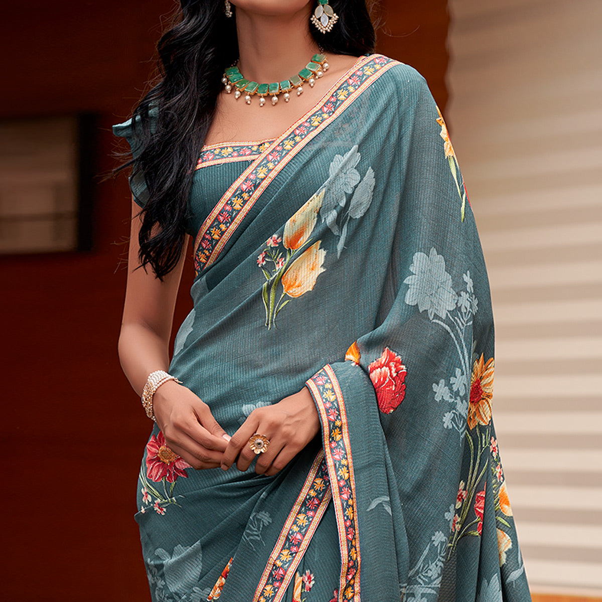 Grey Floral Printed Georgette Saree with Digital Border