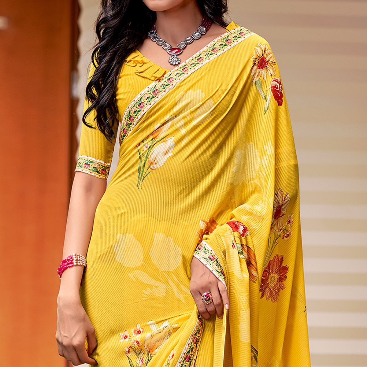 Yellow Floral Printed Georgette Saree with Digital Border