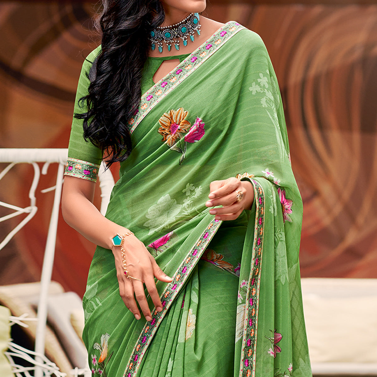 Green Floral Printed Georgette Saree with Digital Border