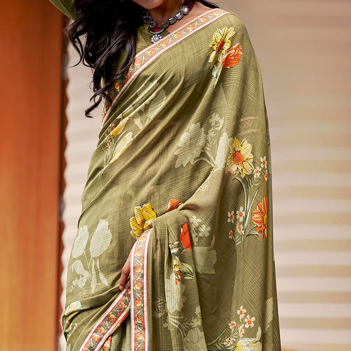 Olive Floral Printed Georgette Saree with Digital Border