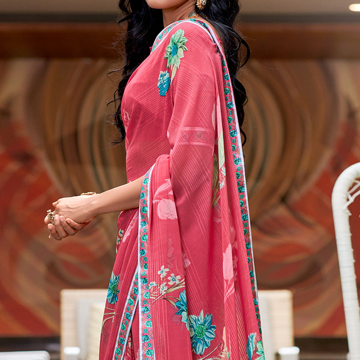 Pink Floral Printed Georgette Saree with Digital Border