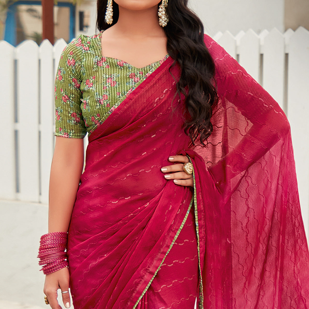Pink Sequins Embroidered Chiffon Saree