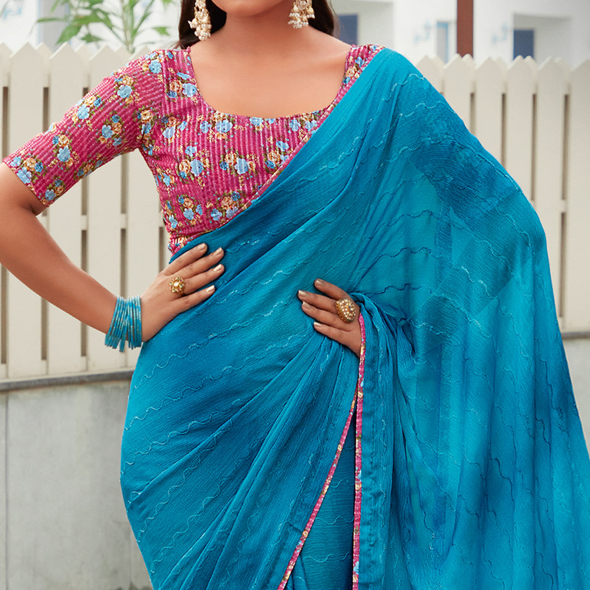 Blue Sequins Embroidered Chiffon Saree