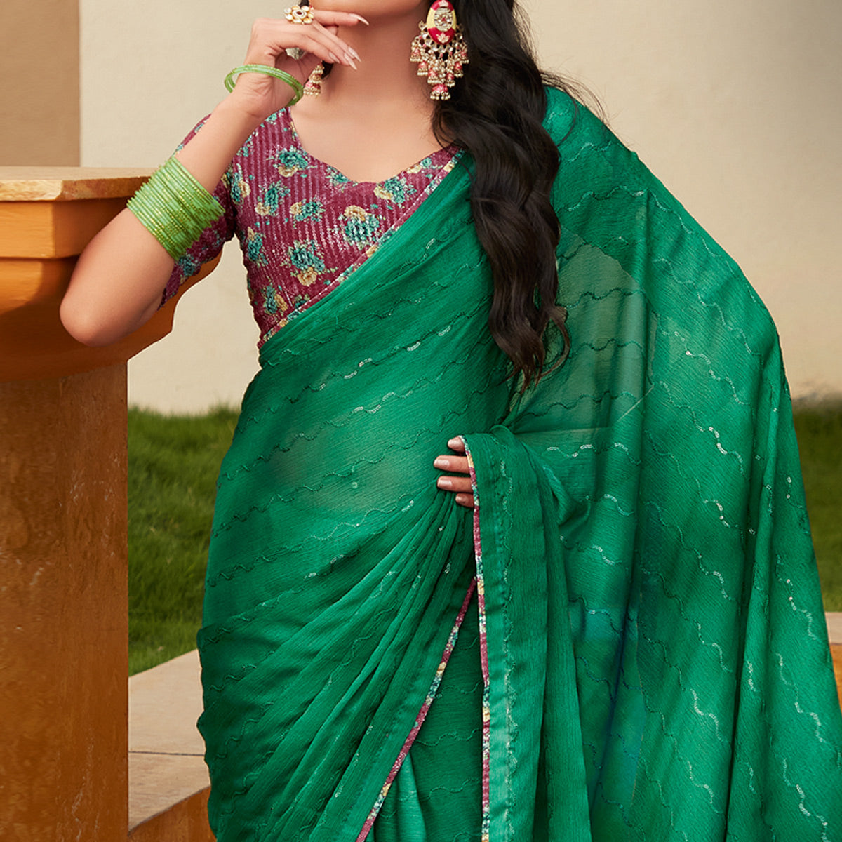 Green Sequins Embroidered Chiffon Saree