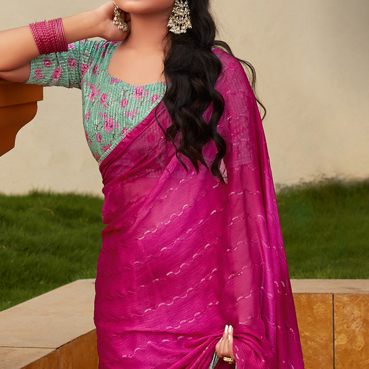 Magenta Sequins Embroidered Chiffon Saree