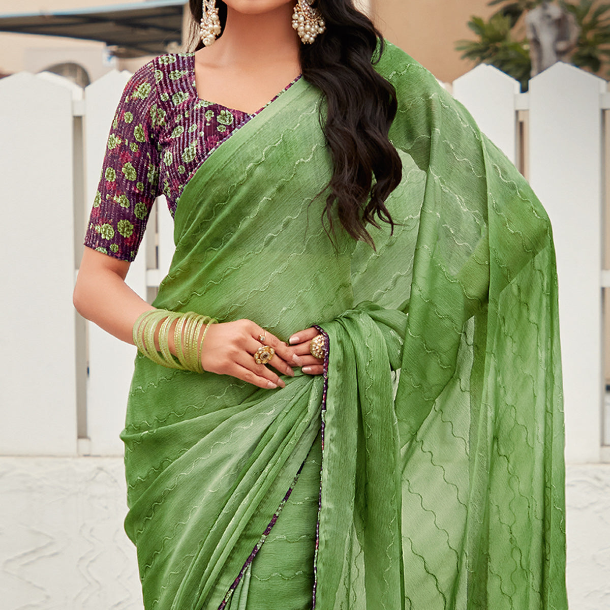 Green Sequins Embroidered Chiffon Saree