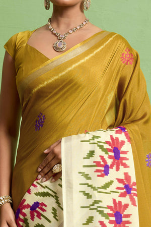 Traditional Mustard Silk Blend Saree with Ikkat Print & Zari Edging