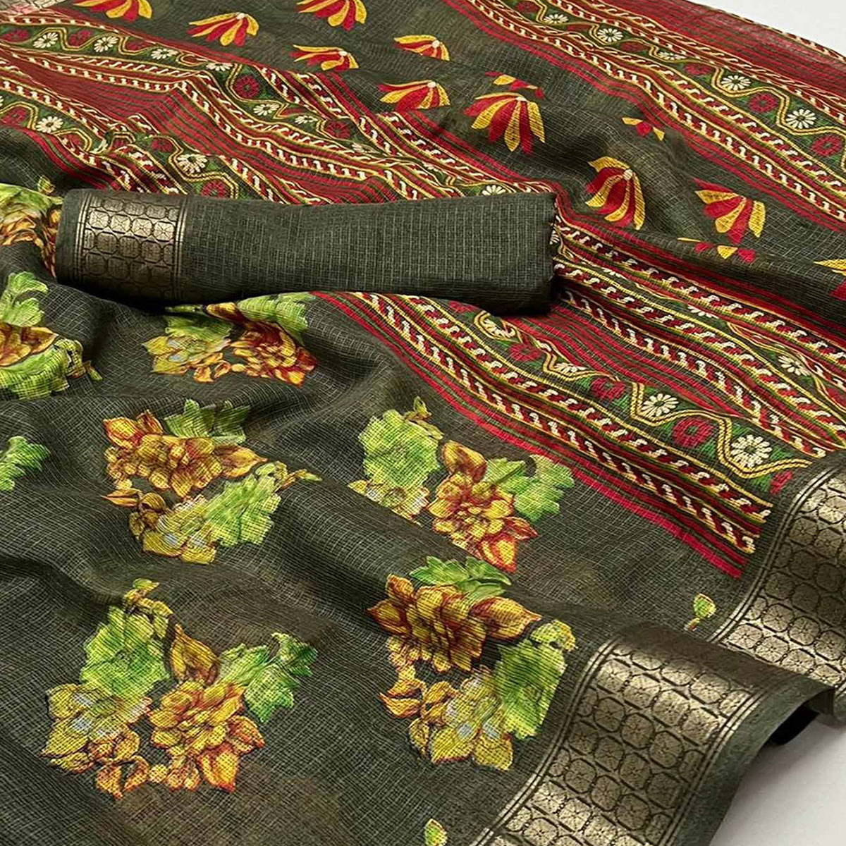 Mehandi Green Floral Printed Cotton Silk Saree