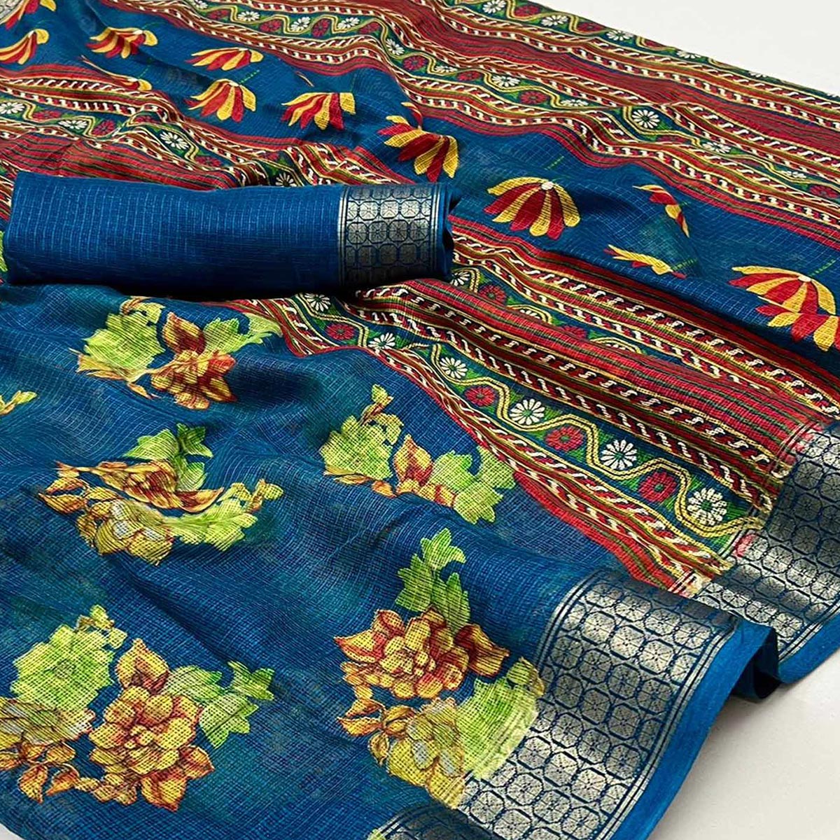 Teal Floral Printed Cotton Silk Saree