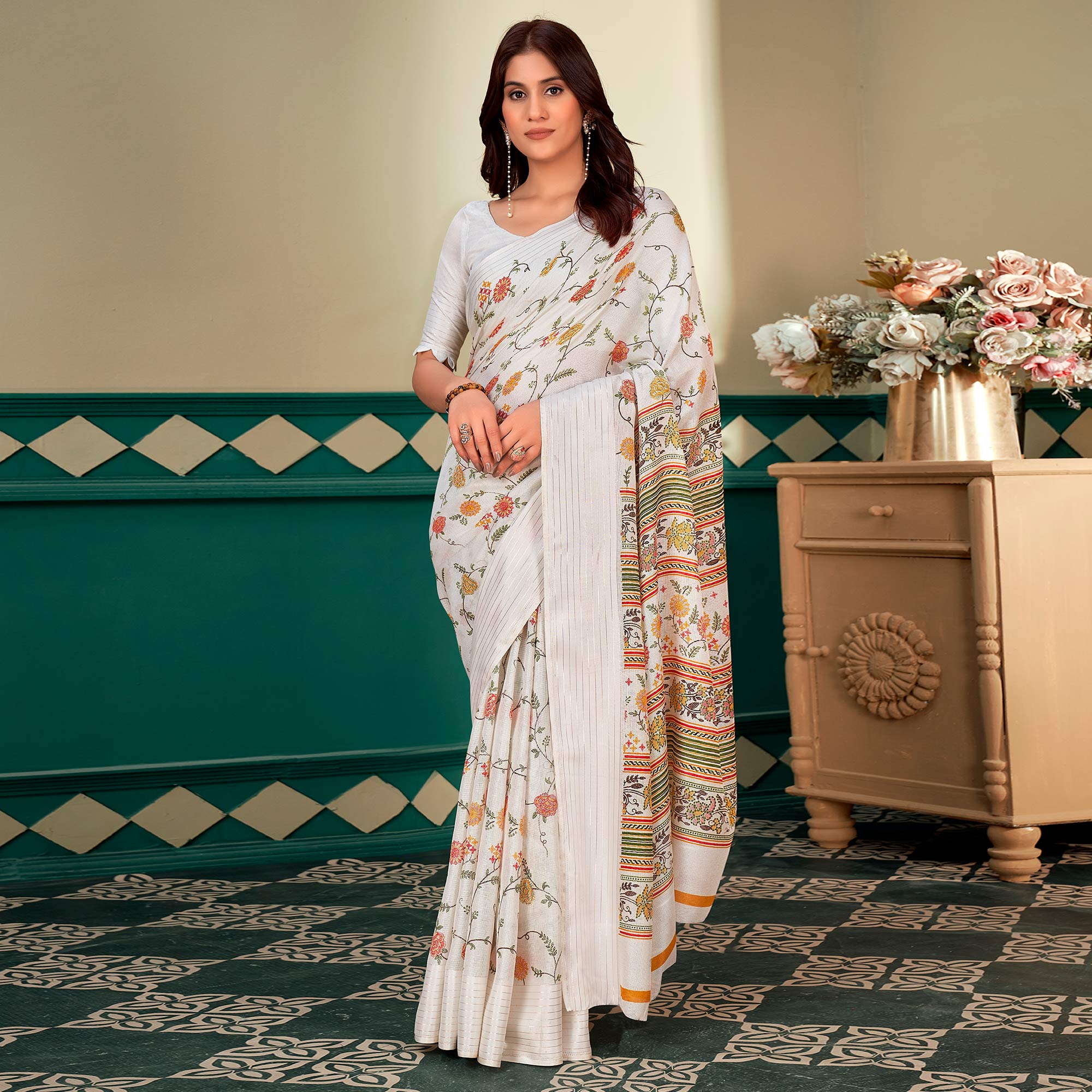 White Floral Printed Linen Saree