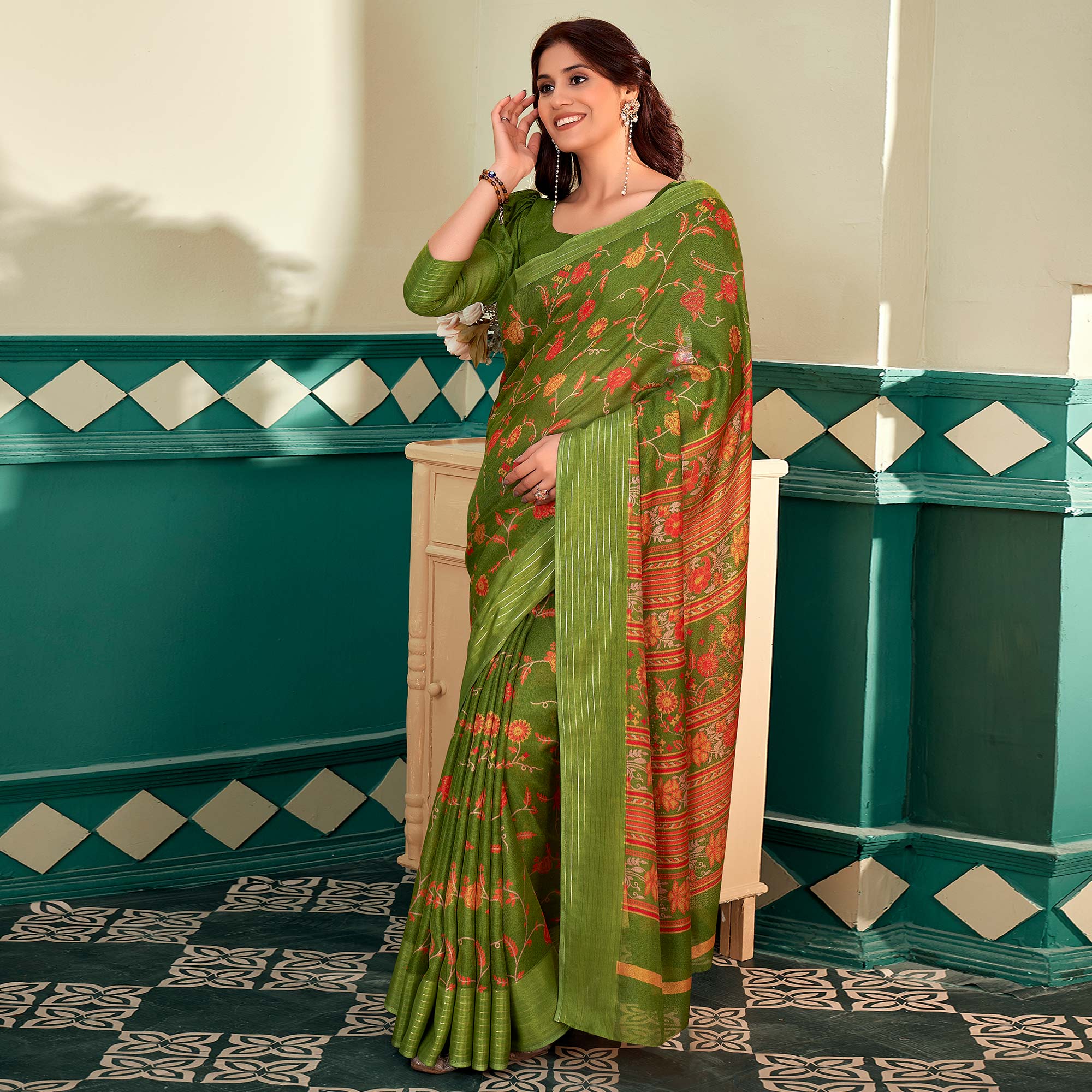 Mehandi Green Floral Printed Linen Saree