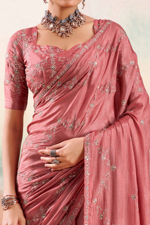 Dusty Pink Two Tone Chiffon Saree Adorned With Floral Cording Embroidery & Sequins Work