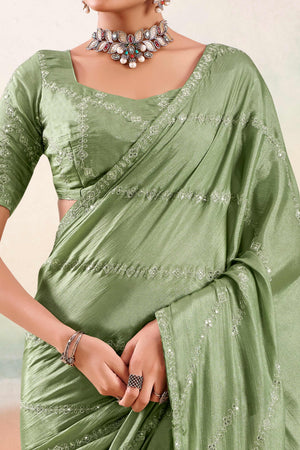 Green Two Tone Chiffon Saree Adorned With Floral Cording Embroidery & Sequins Work