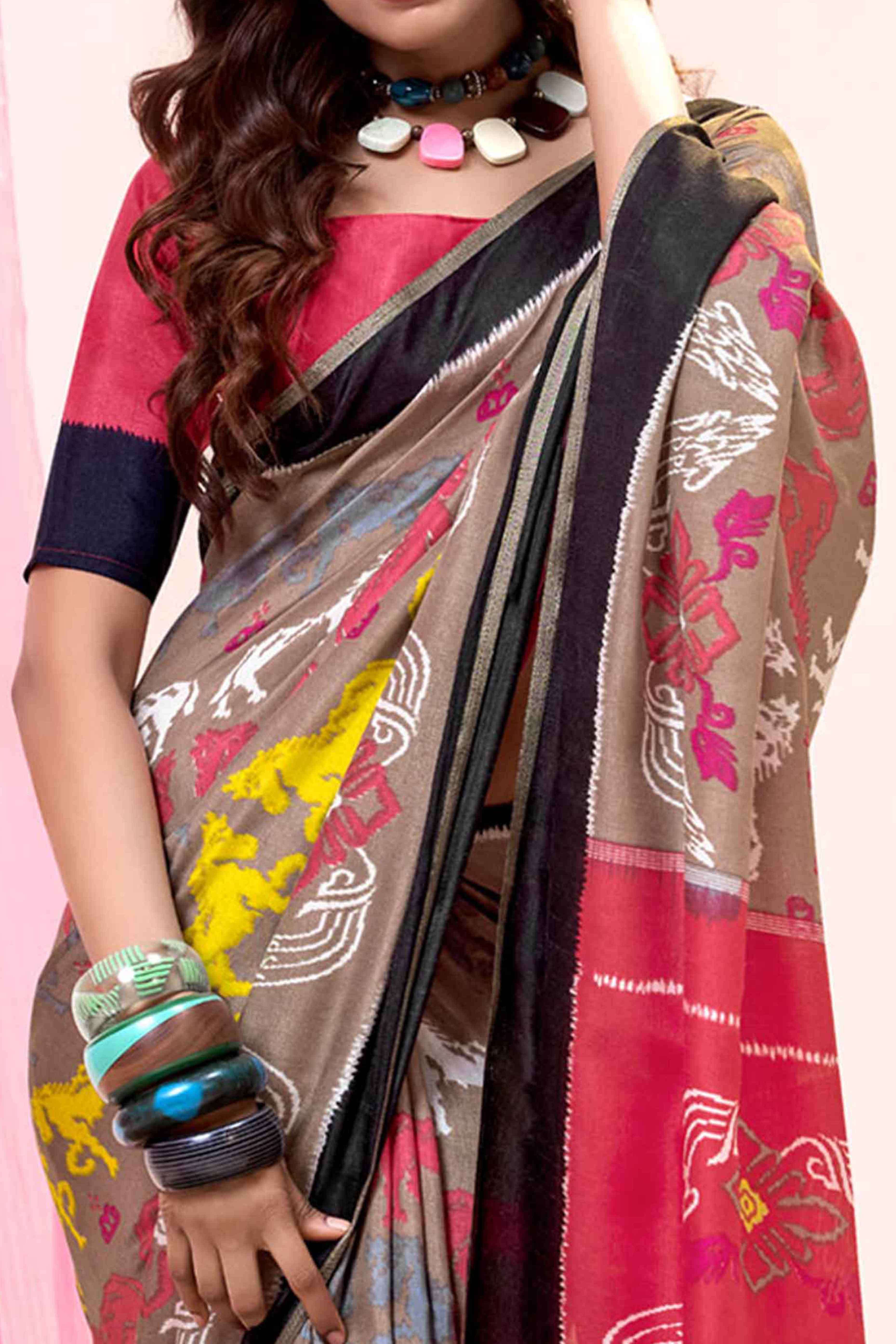 Brown Mill Printed Tussar Silk Saree