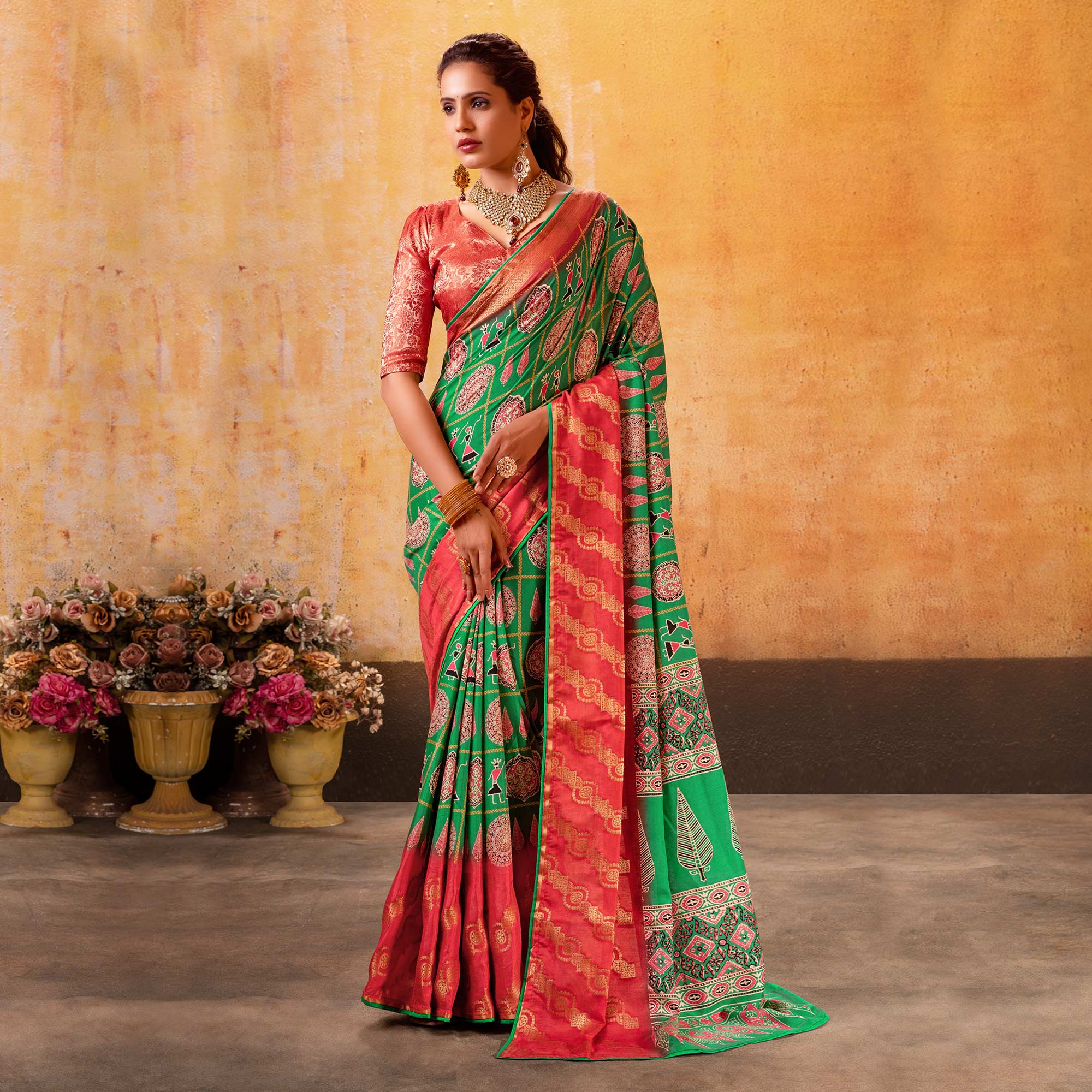 Rama Green Patola Printed Jacquard Saree