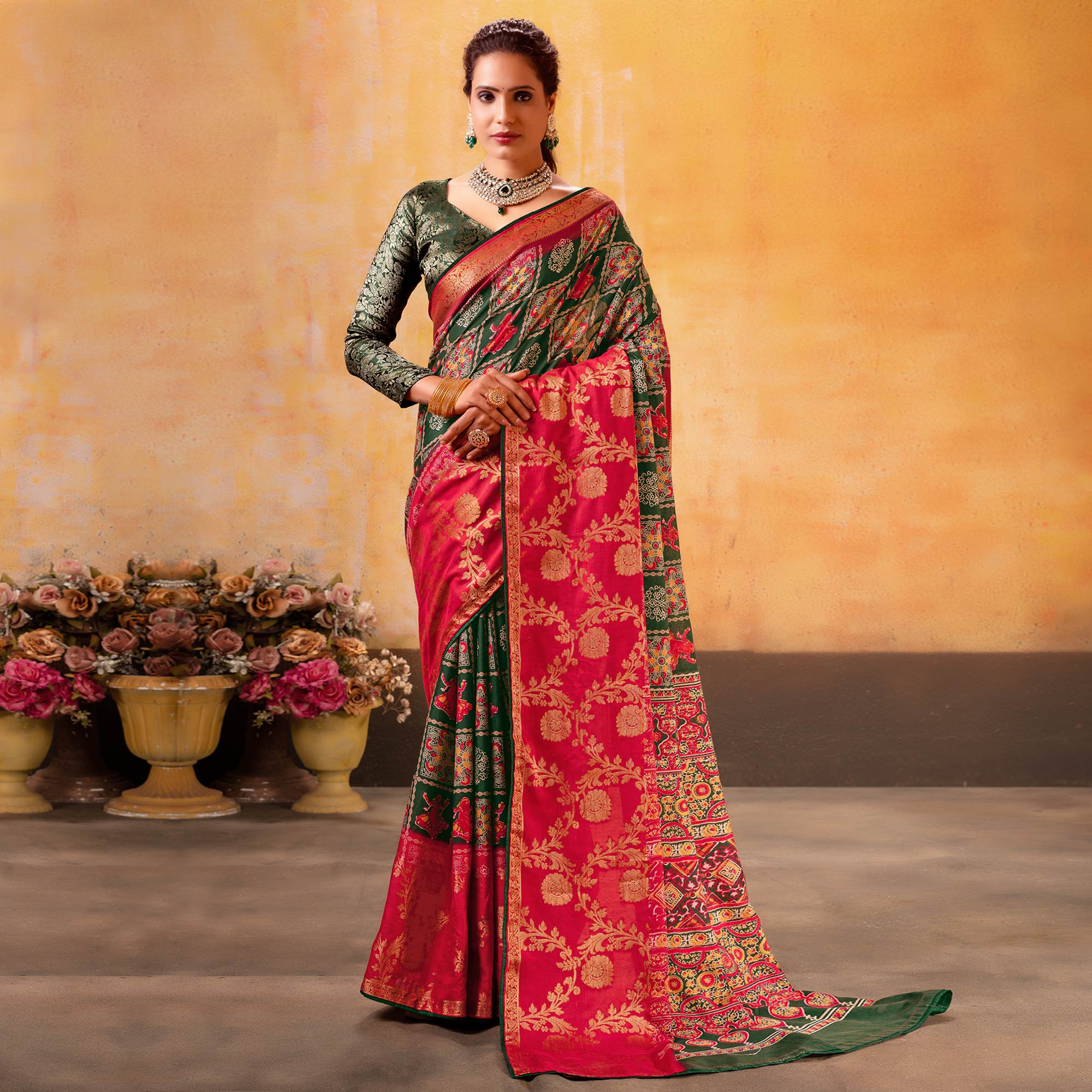 Dark Green Patola Printed Jacquard Saree