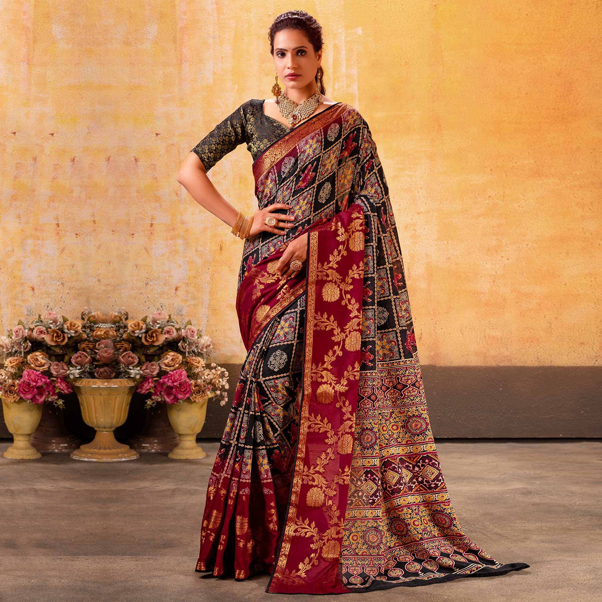 Black Patola Printed Jacquard Saree