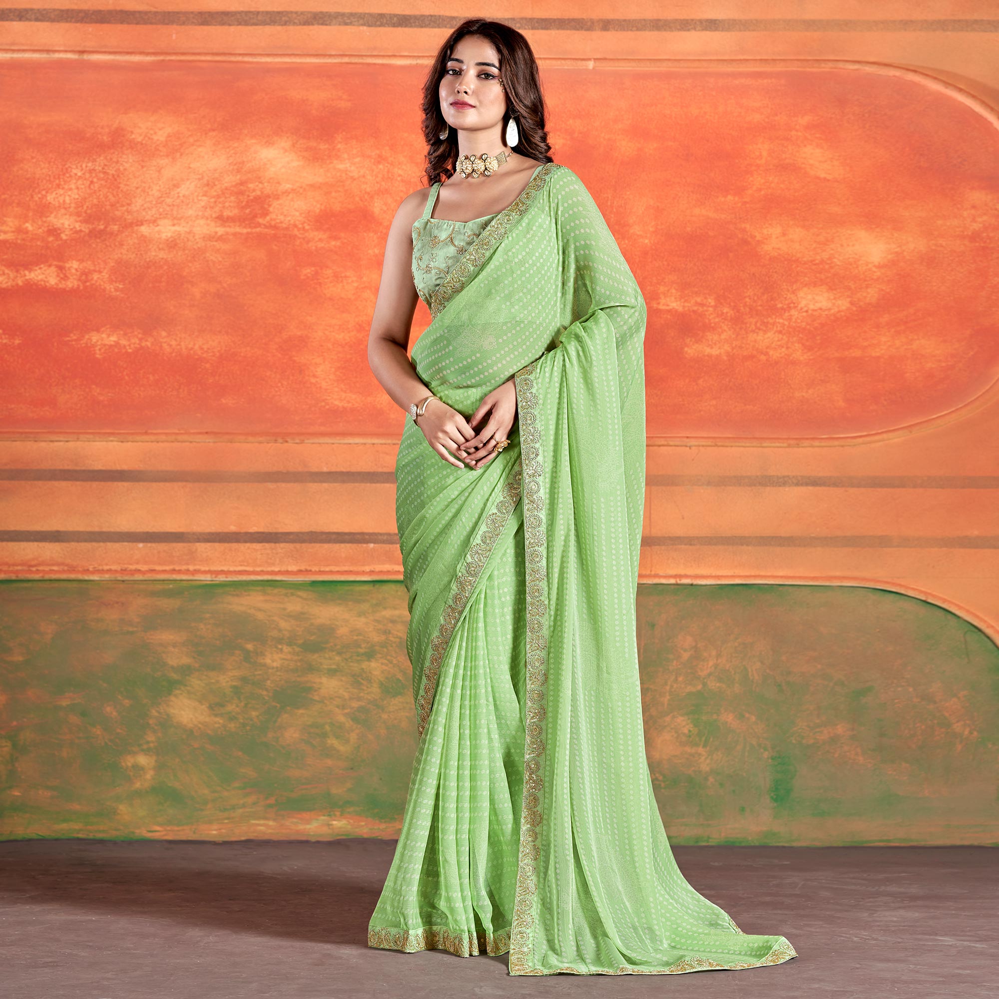 Green Bandhani Printed Chiffon Saree With Embroidered Border