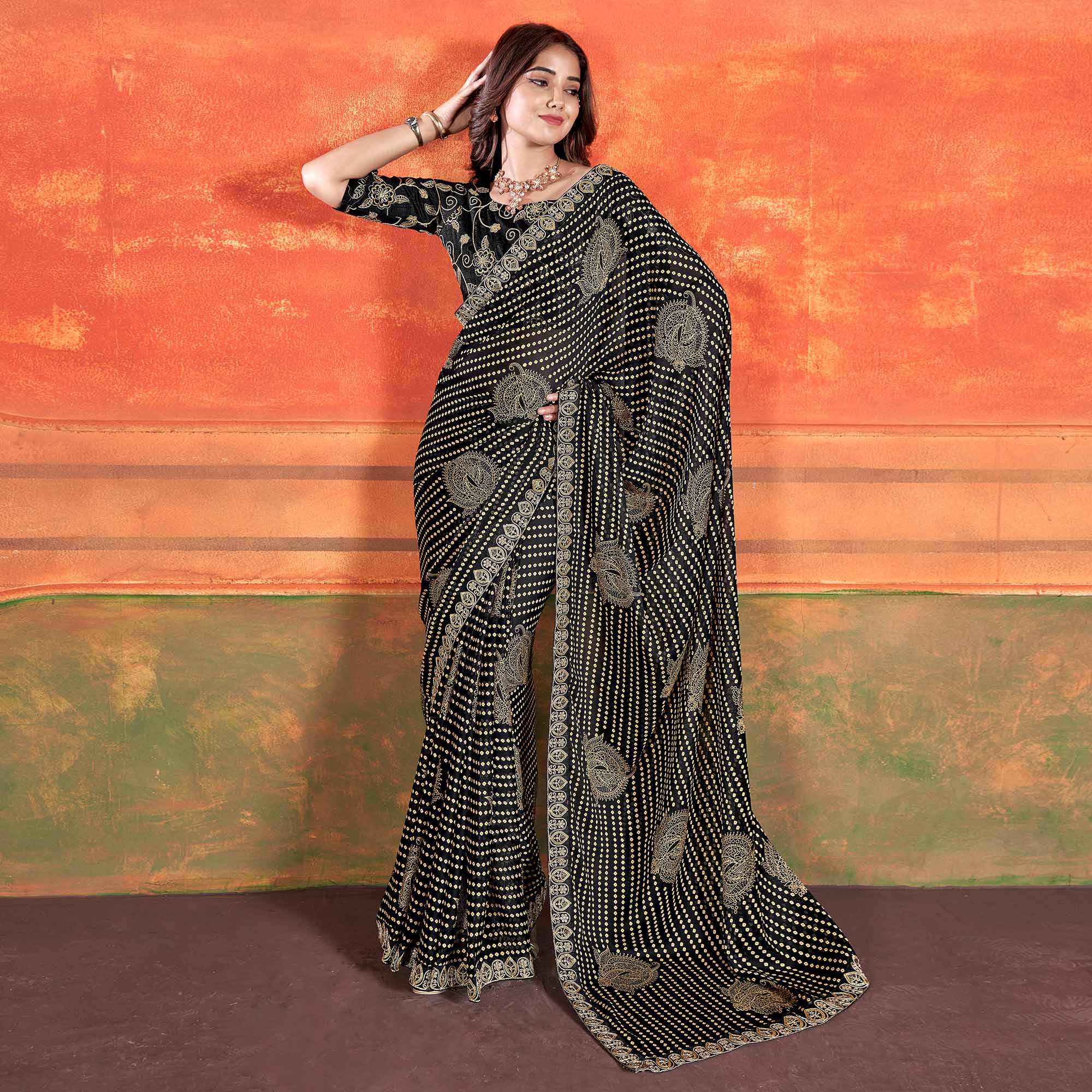 Black Bandhani Printed Chiffon Saree With Embroidered Border