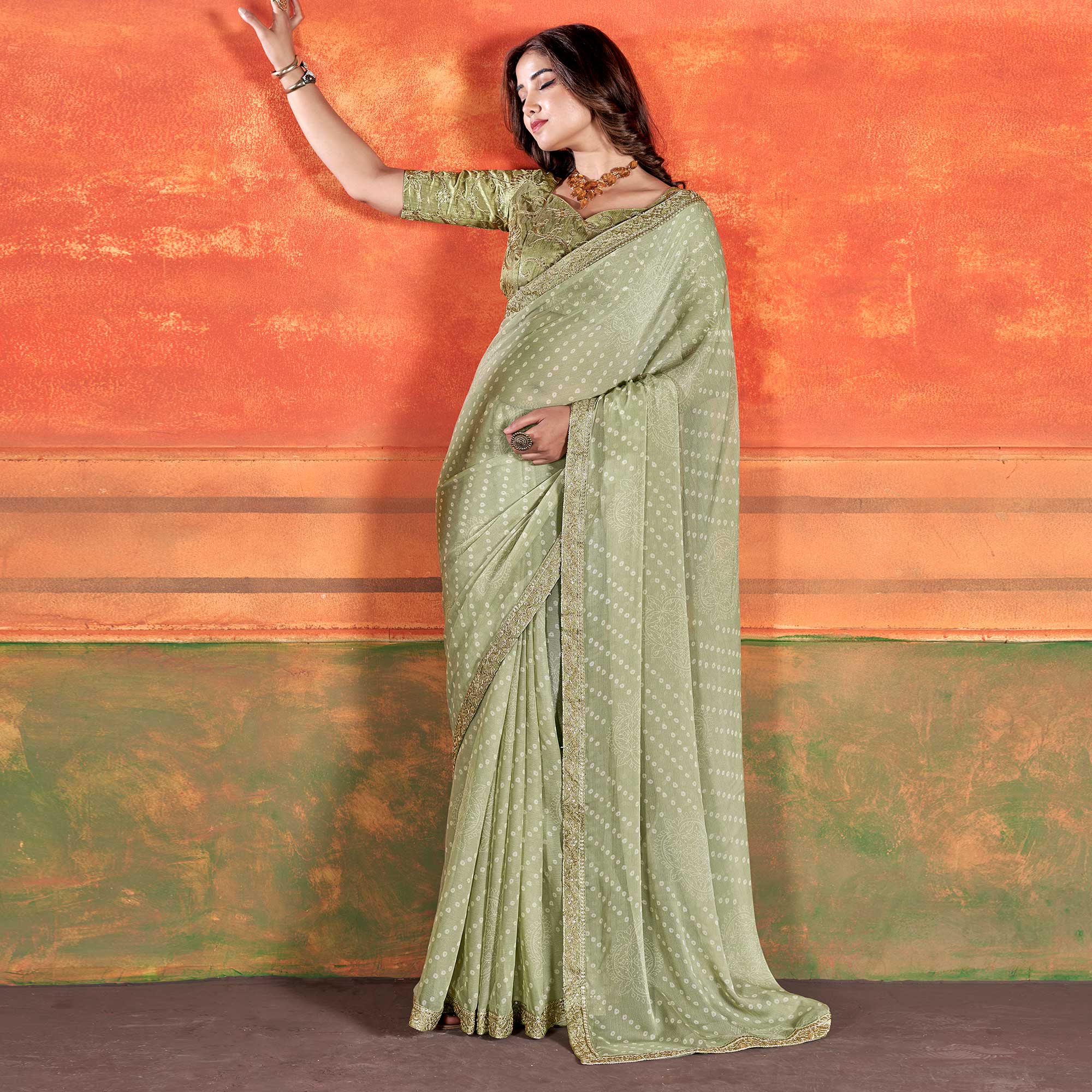 Mehandi Green Bandhani Printed Chiffon Saree With Embroidered Border