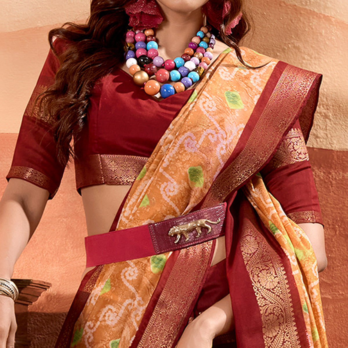 Orange Printed Cotton Silk Saree With Zari Border