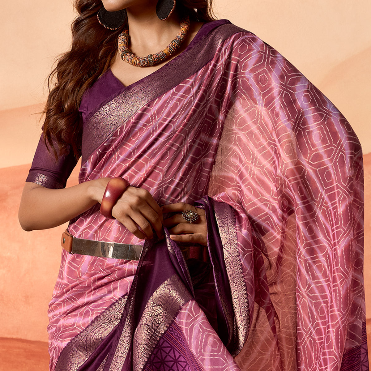 Mauve Printed Cotton Silk Saree With Zari Border