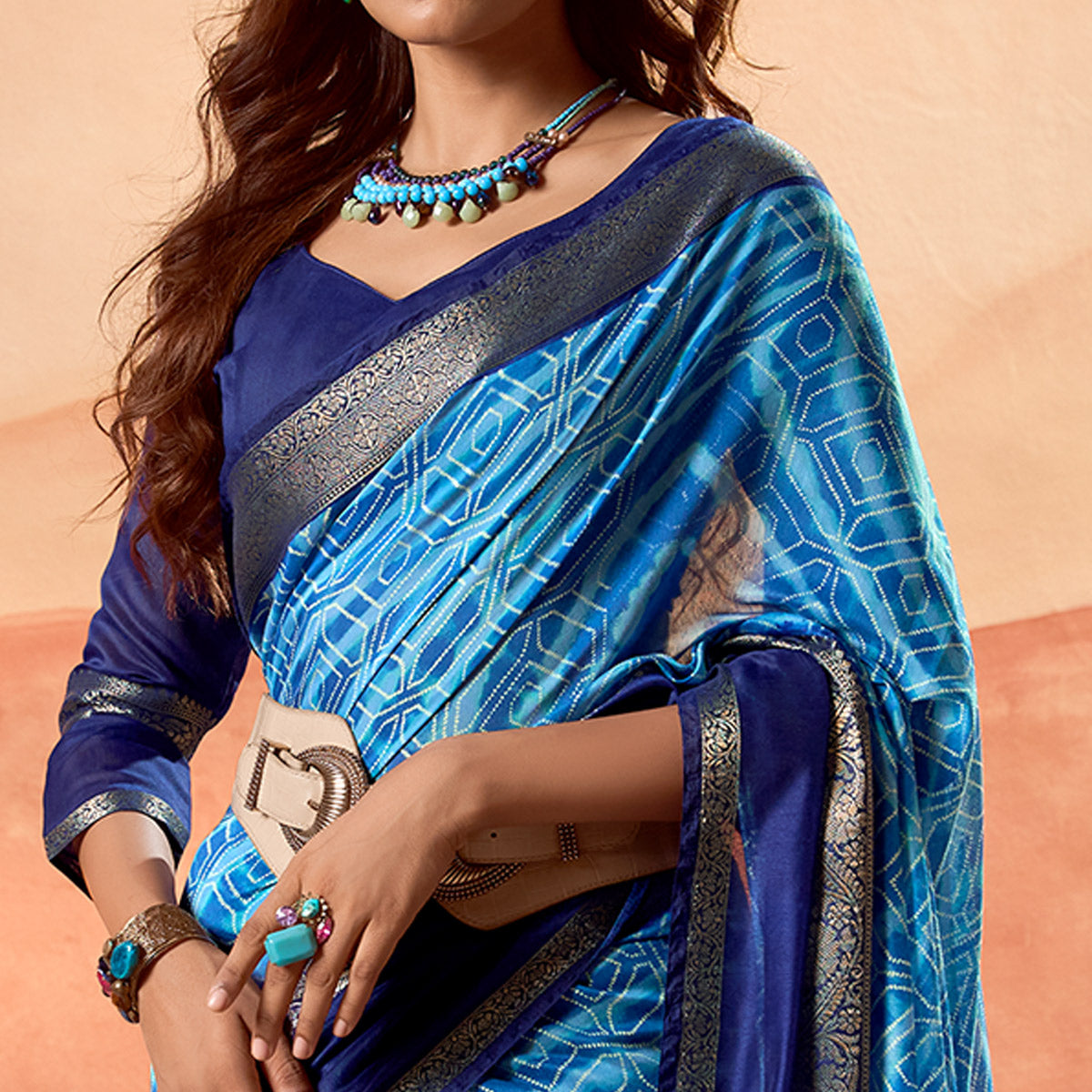 Blue Printed Cotton Silk Saree With Zari Border