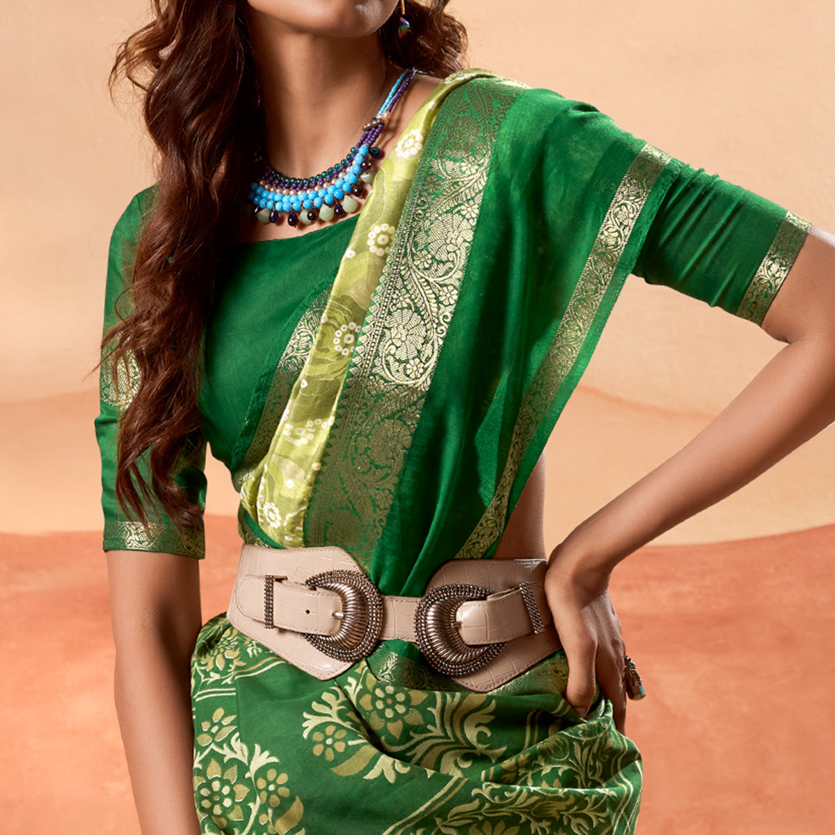 Green Printed Cotton Silk Saree With Zari Border