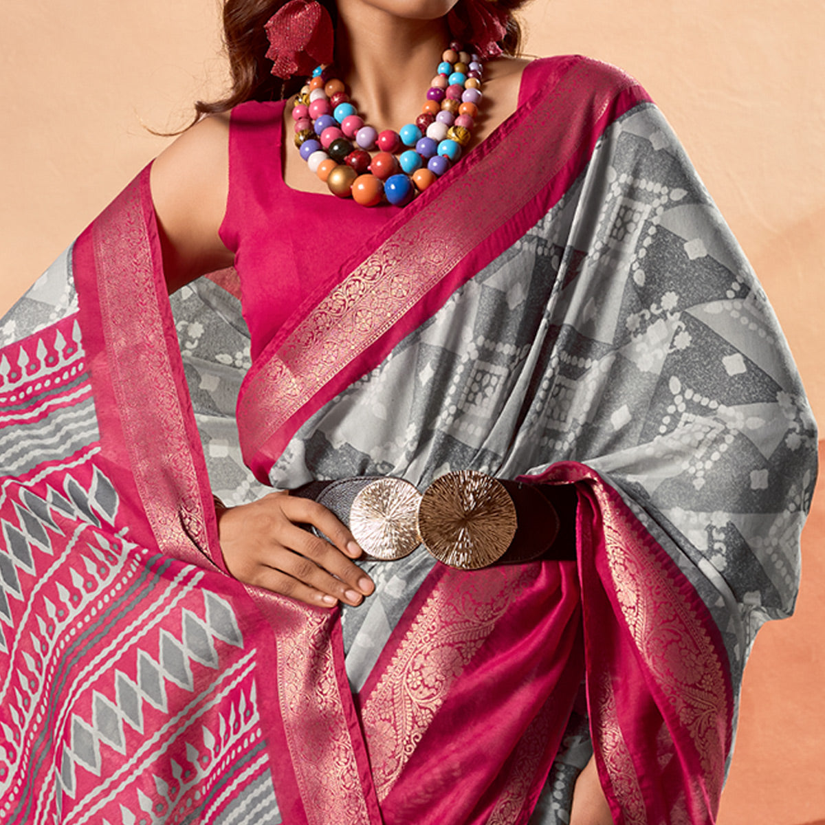 Grey Printed Cotton Silk Saree With Zari Border