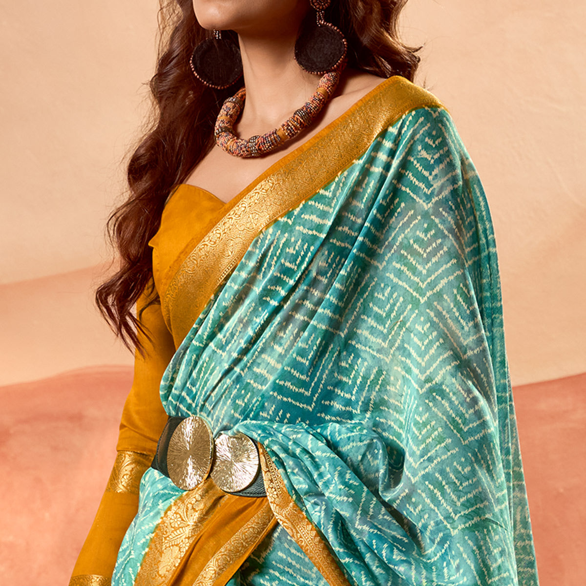 Rama Blue Printed Cotton Silk Saree With Zari Border