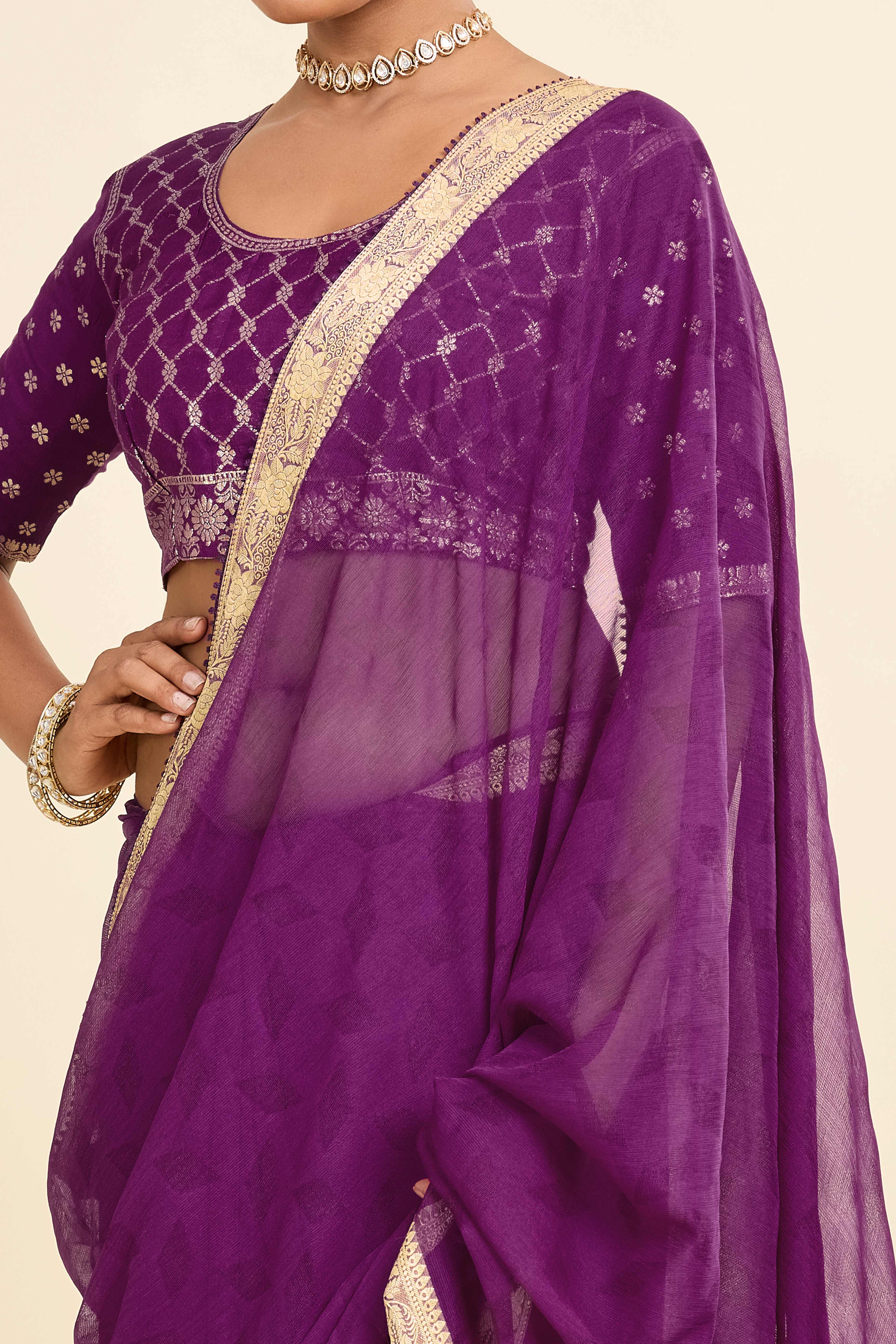 Purple Printed Chiffon Saree with Intricate Woven Edging