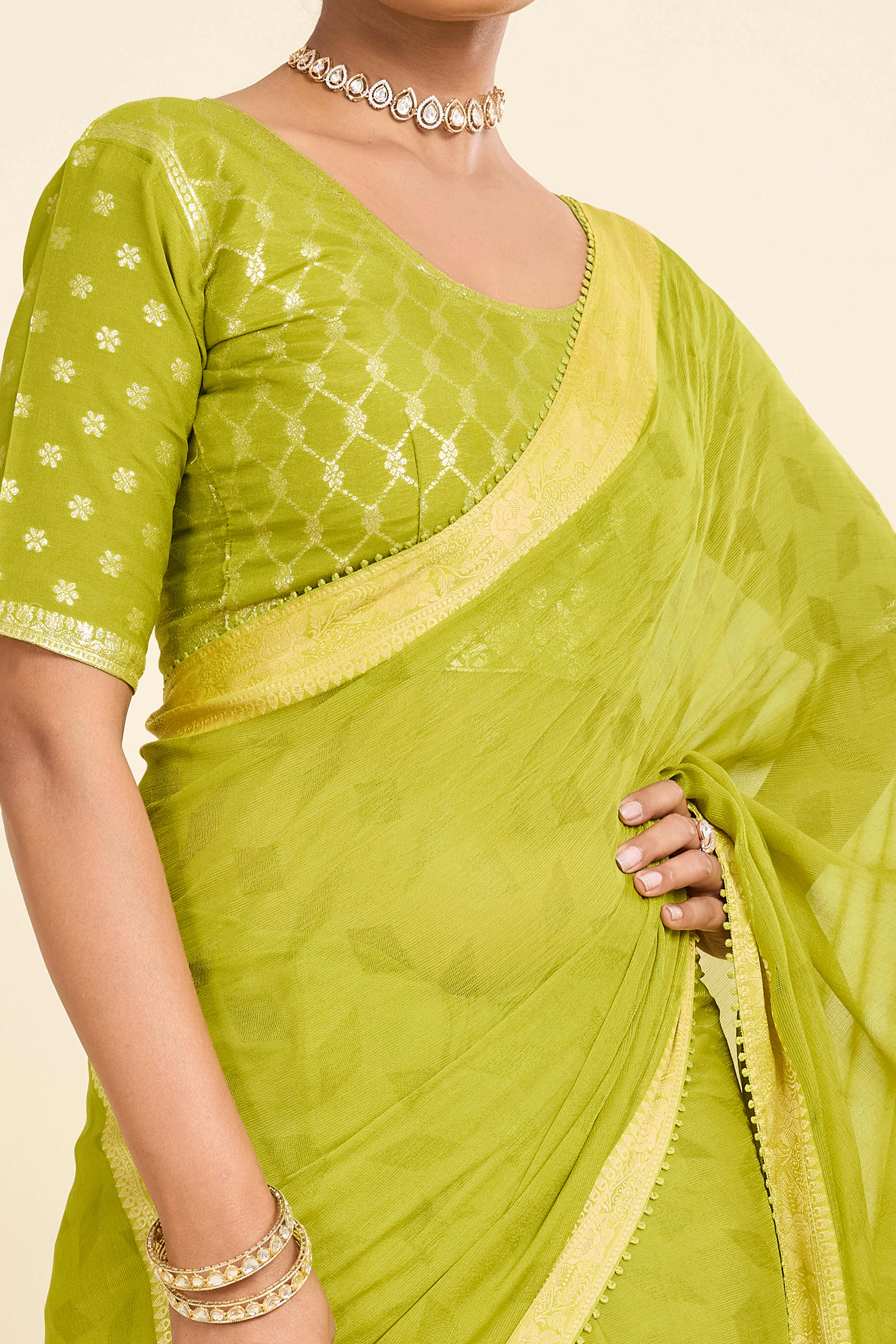 Parrot Green Printed Chiffon Saree with Intricate Woven Edging