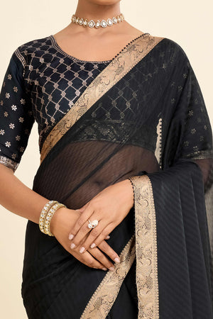 Black Printed Chiffon Saree with Intricate Woven Edging