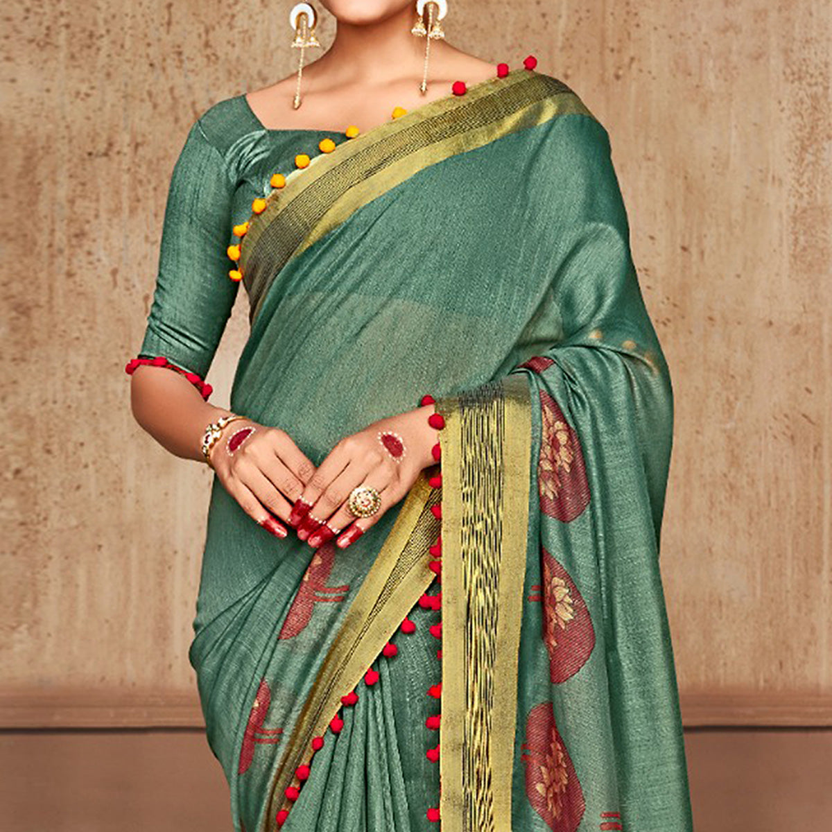 Green Printed Pure Cotton Saree