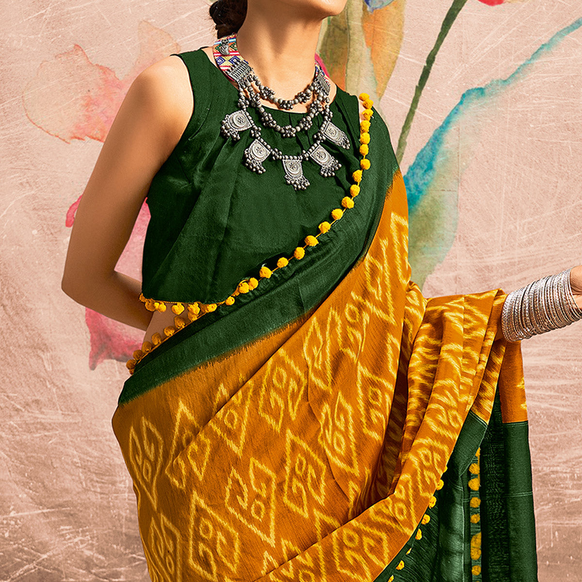 Mustard  & Green Printed Pure Cotton Saree