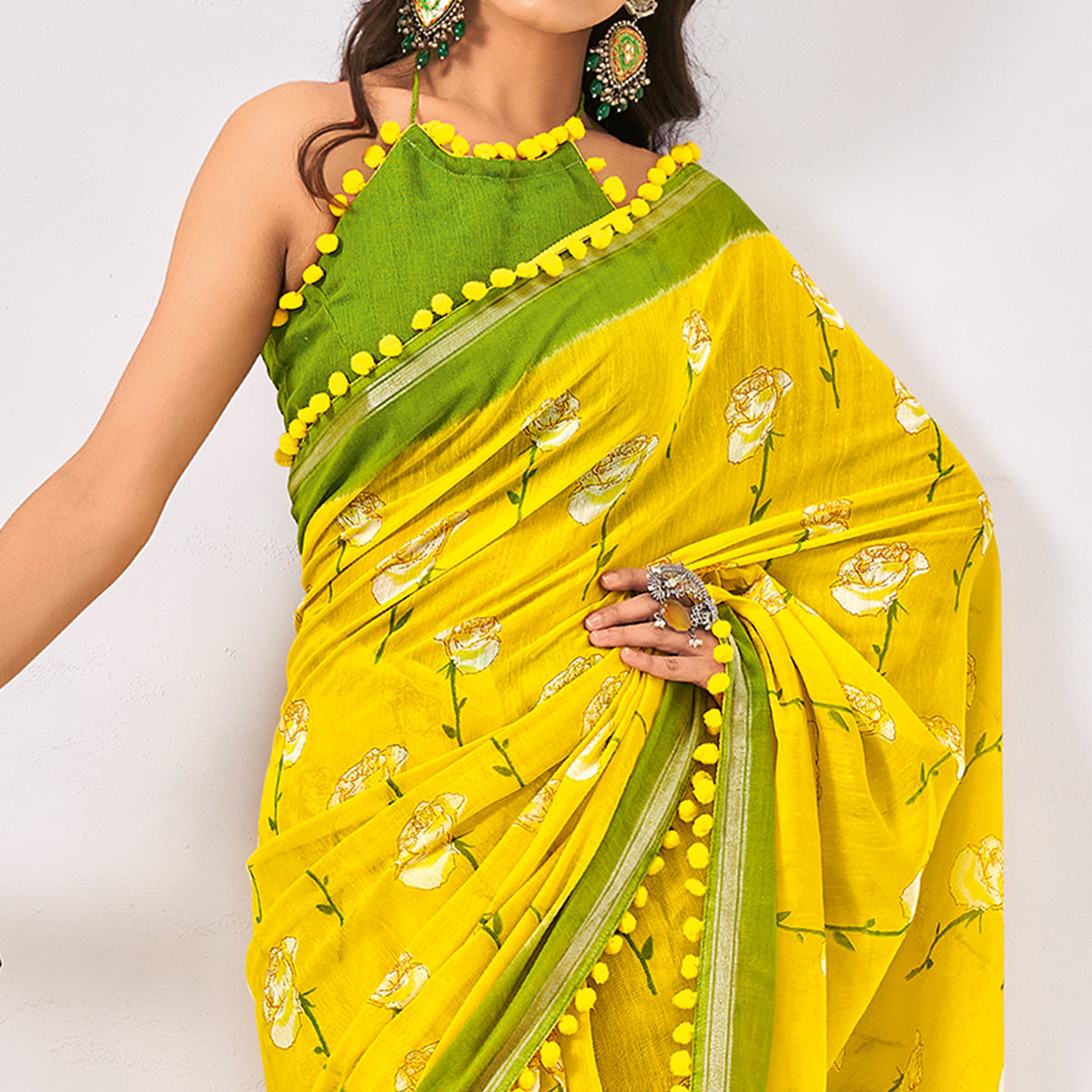 Yellow & Green Printed Pure Cotton Saree