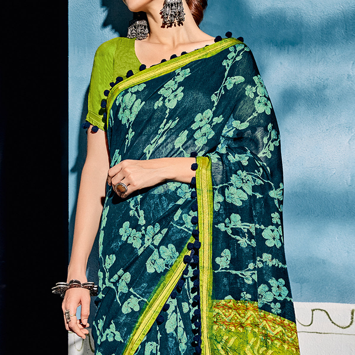 Teal Printed Pure Cotton Saree