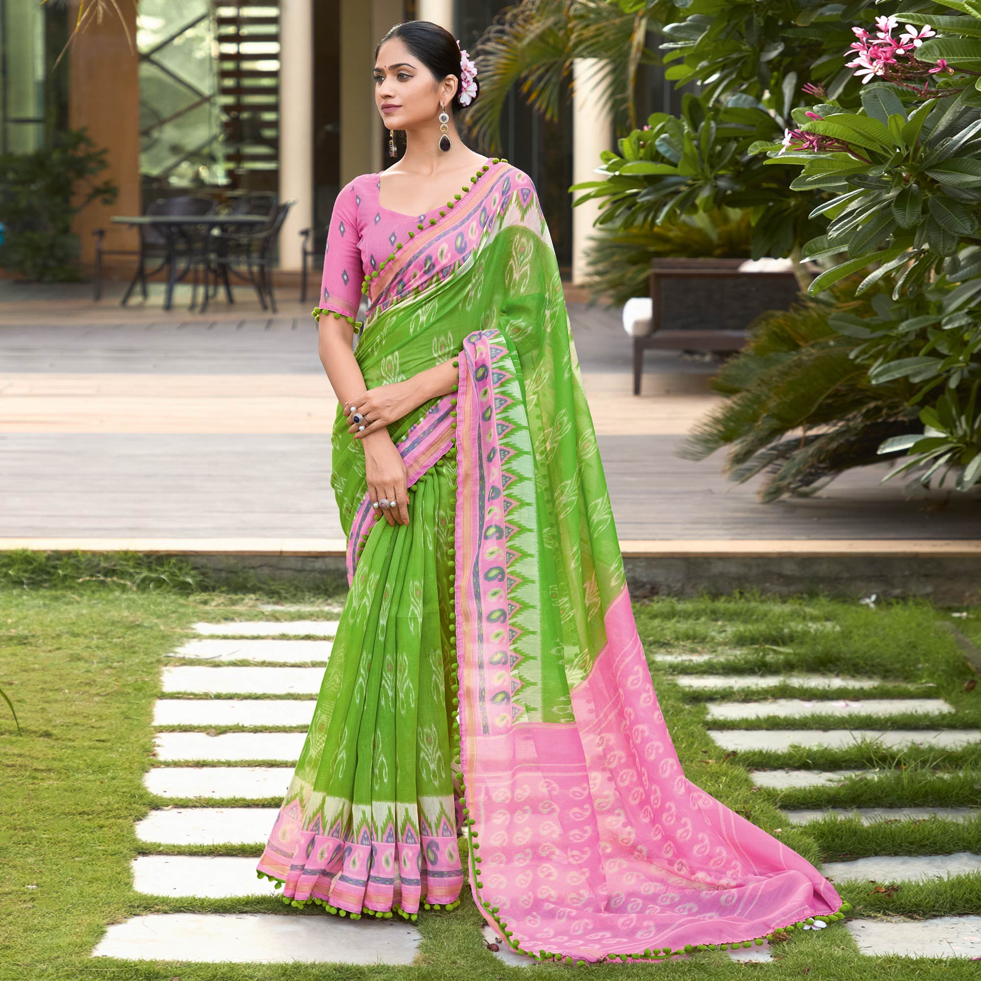 Green & Pink Printed Pure Cotton Saree With Pum Pum Border