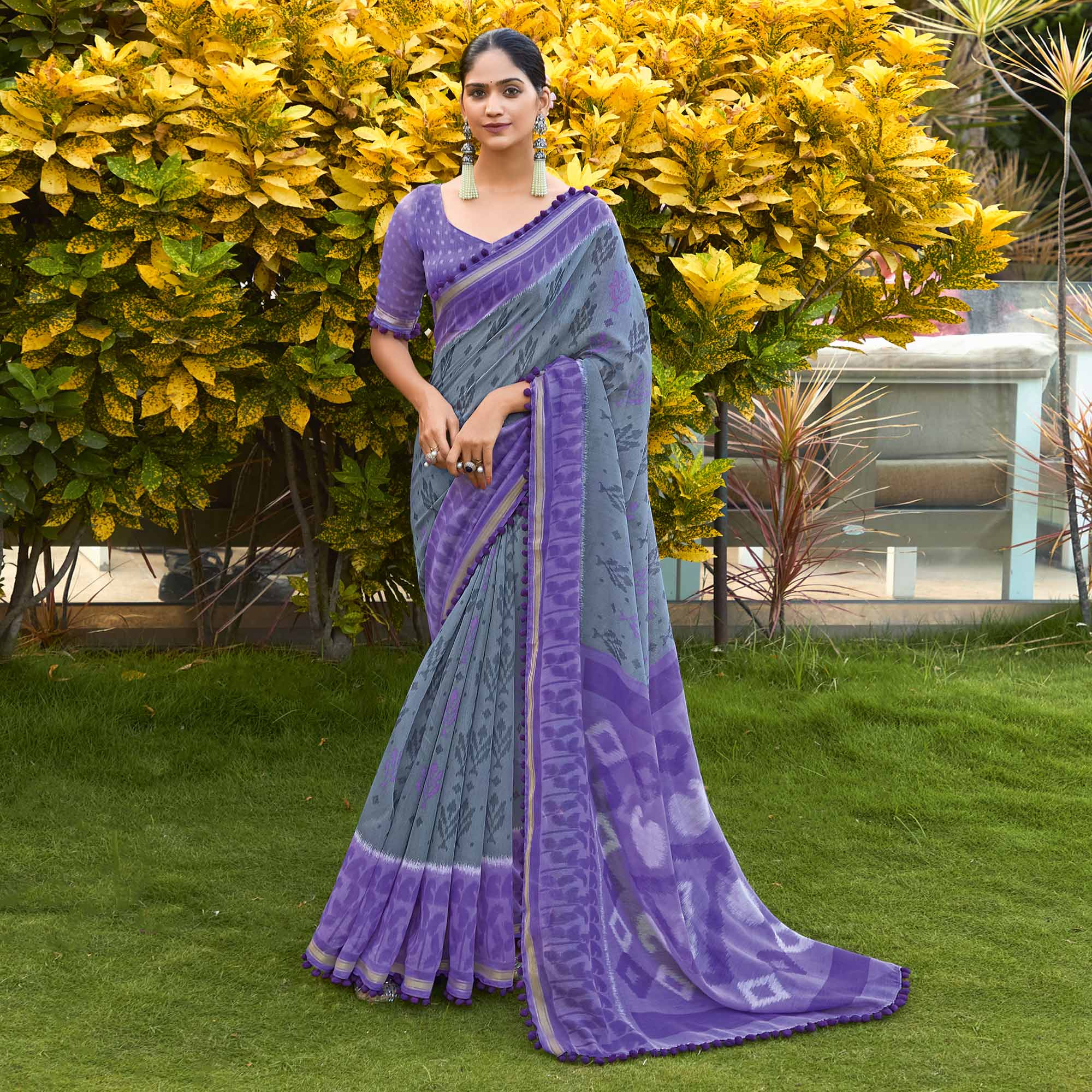 Grey & Purple Printed Pure Cotton Saree With Pum Pum Border