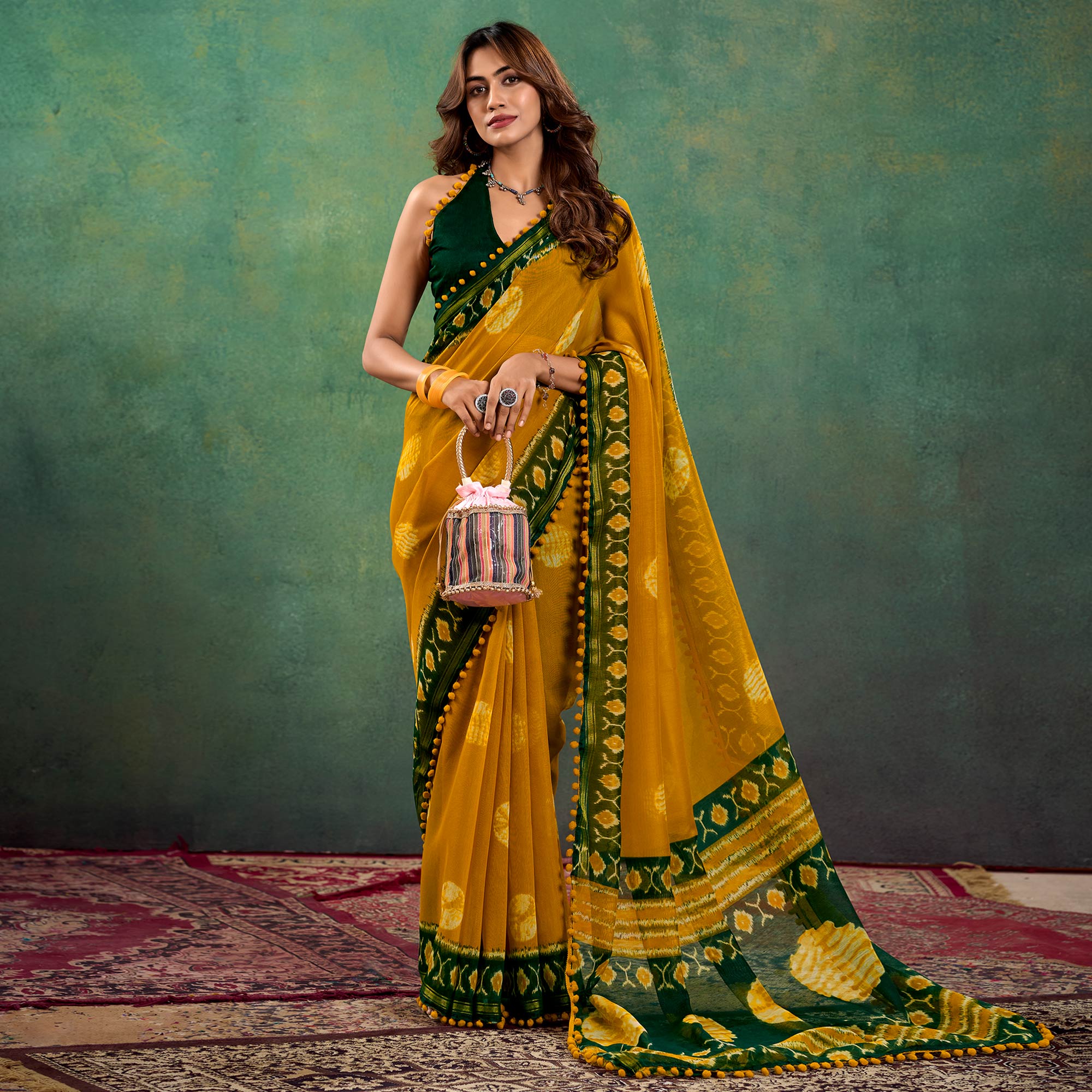 Mustard Ikkat Printed Mul Mul Cotton Saree