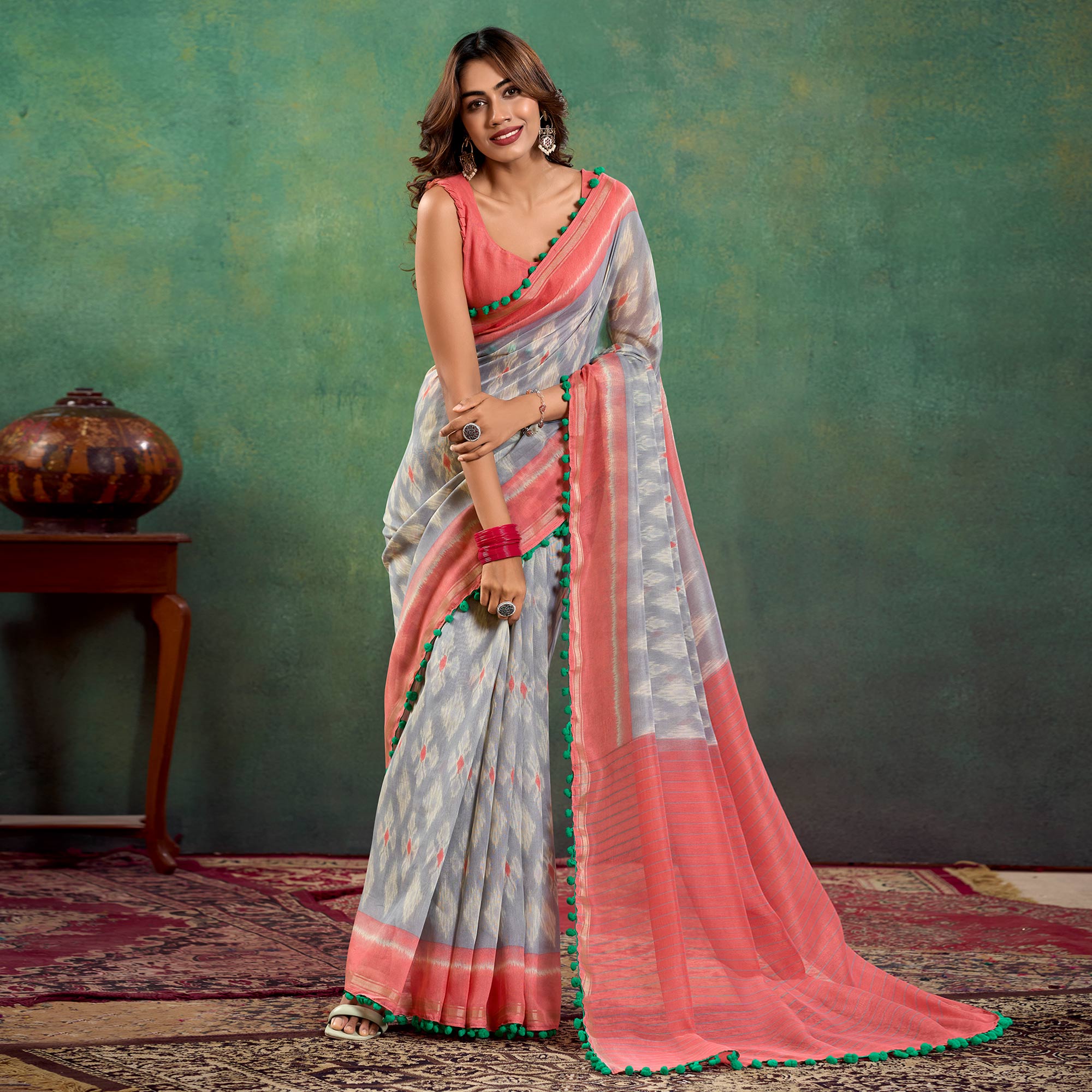 Grey Ikkat Printed Mul Mul Cotton Saree