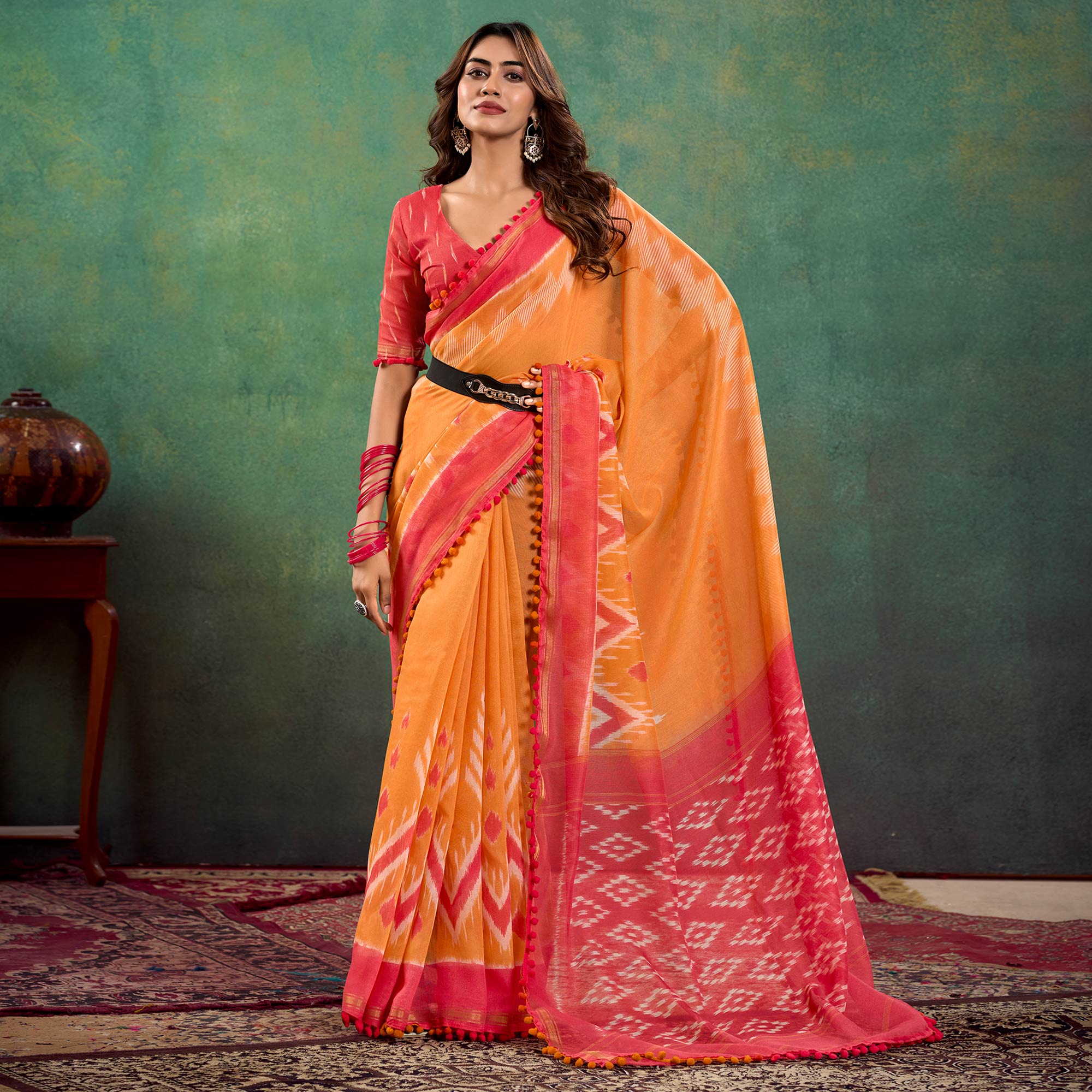 Orange Ikkat Printed Mul Mul Cotton Saree