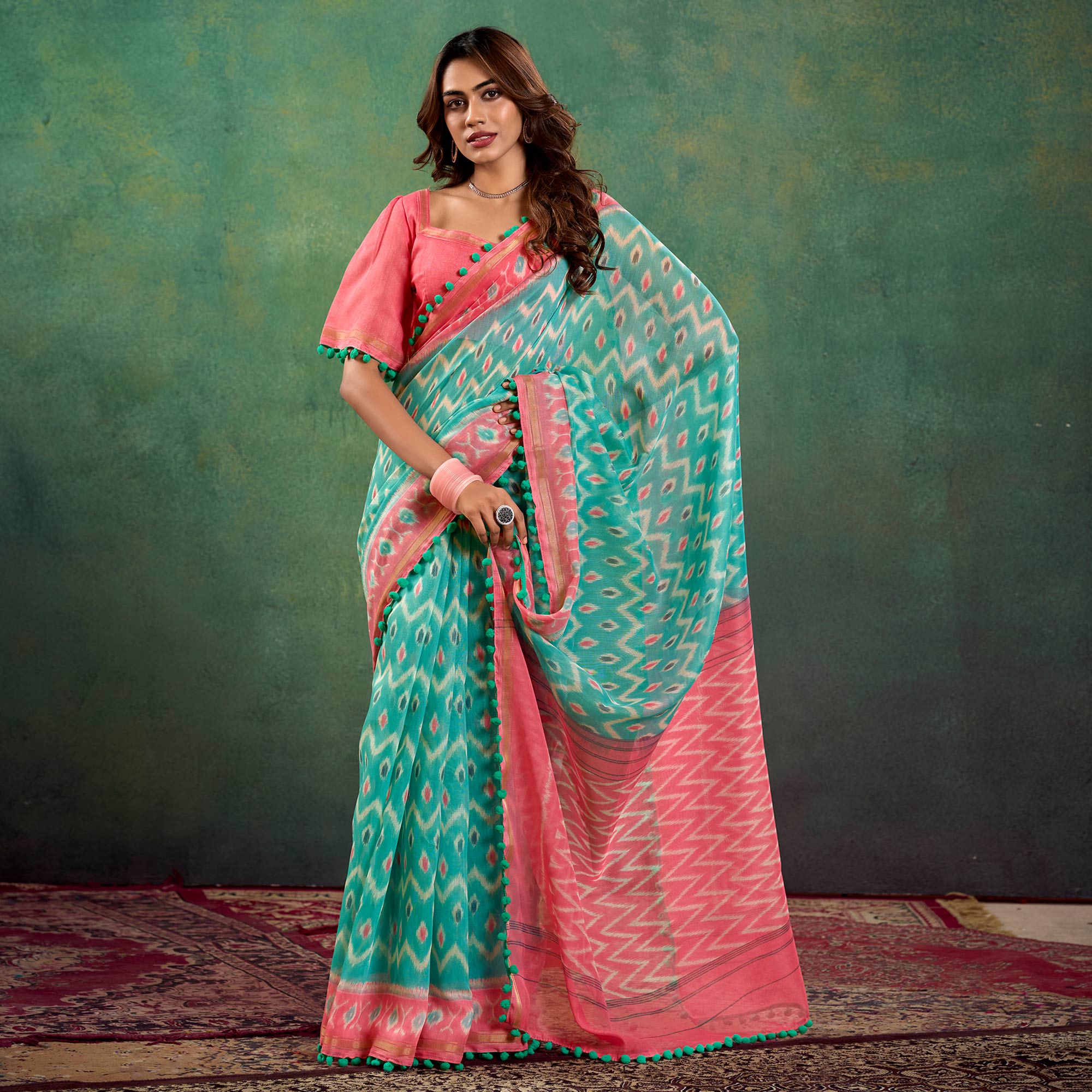 Turquoise Ikkat Printed Mul Mul Cotton Saree