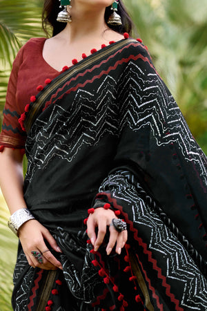 Comfortable Black Zig-Zag Printed Saree in Pure Mul Cotton