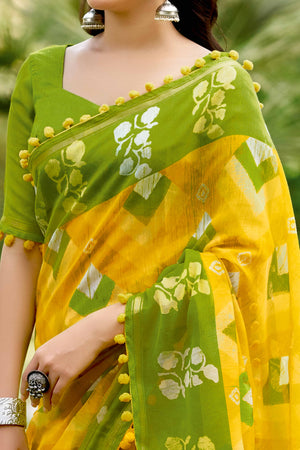 Casual Yellow Floral Print Saree in Lightweight Pure Mul Cotton