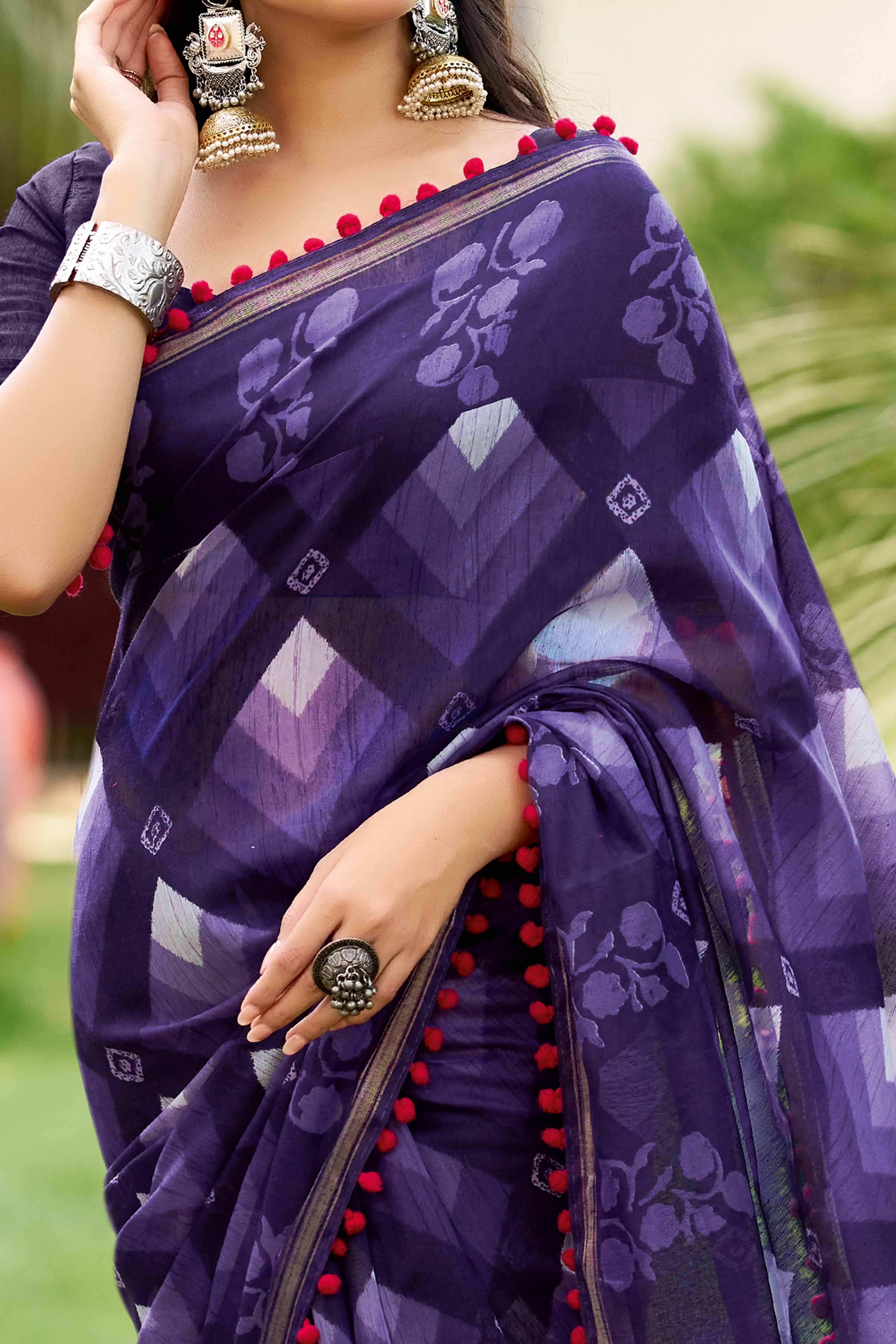 Casual Purple Geometric Print Saree in Lightweight Pure Mul Cotton