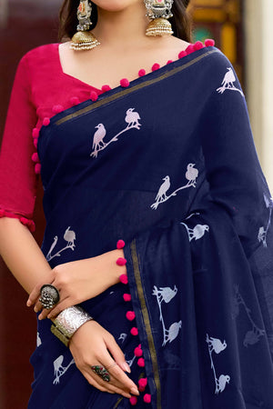 Contemporary Navy Blue Saree with Unique Abstract Patterns In Pure Cotton